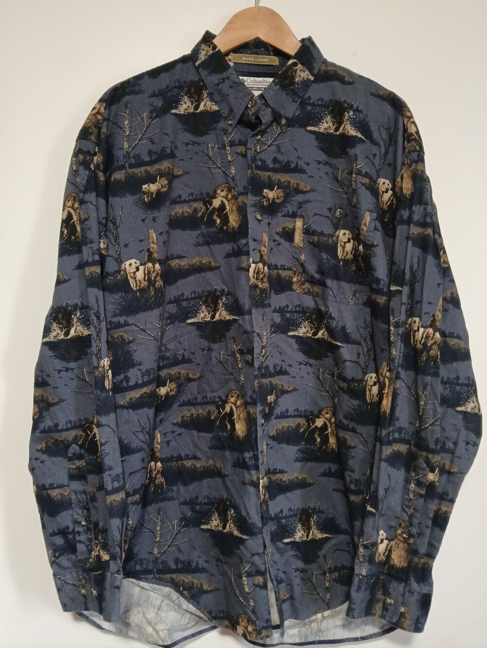 Vintage Columbia Corduroy Hunting Dog Shirt Mens L Blue Lab Wildlife Cabincore